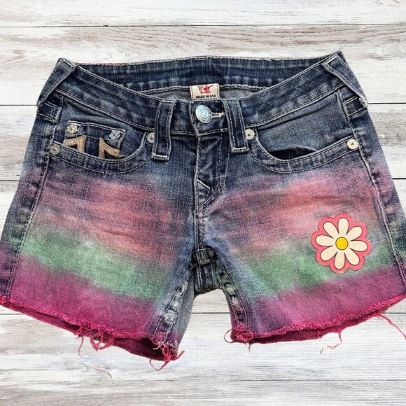 Y2K True Religion Section Johnny Hippie Tie Dye Women’s Denim Cut Off Shorts 26 - Picture 1 of 7
